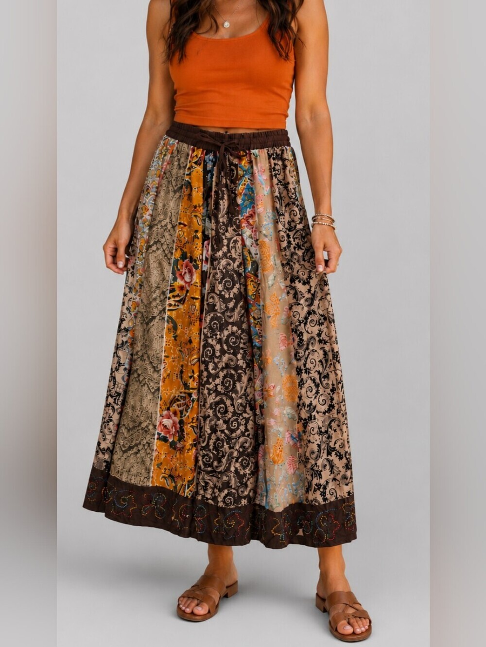 Mix Nouvea Patchwork Boho Cotton Elastic Waist Maxi Full Skirt Women Size Large